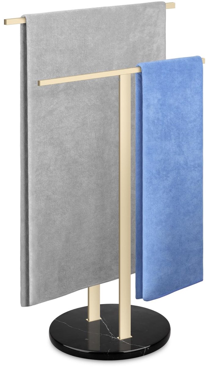 handdoekenrek met zwart marmeren basis, 2-laags handdoekstandaard voor badkamervloer, upgrade stabiel ontwerp, T-vormig handdoekdroogrek goud, SUS304 roestvrij staal (goud, zwart marmeren basis