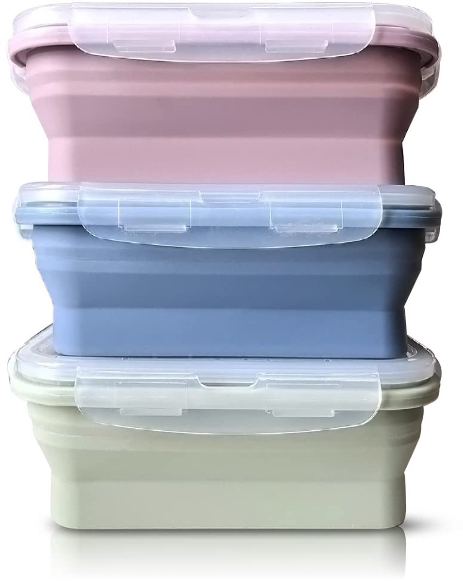 Lunchbox van siliconen, 3 stuks, opvouwbaar, herbruikbaar, siliconen, BPA-vrij, voor kamperen, wandelen, reizen, blauw (550 ml)