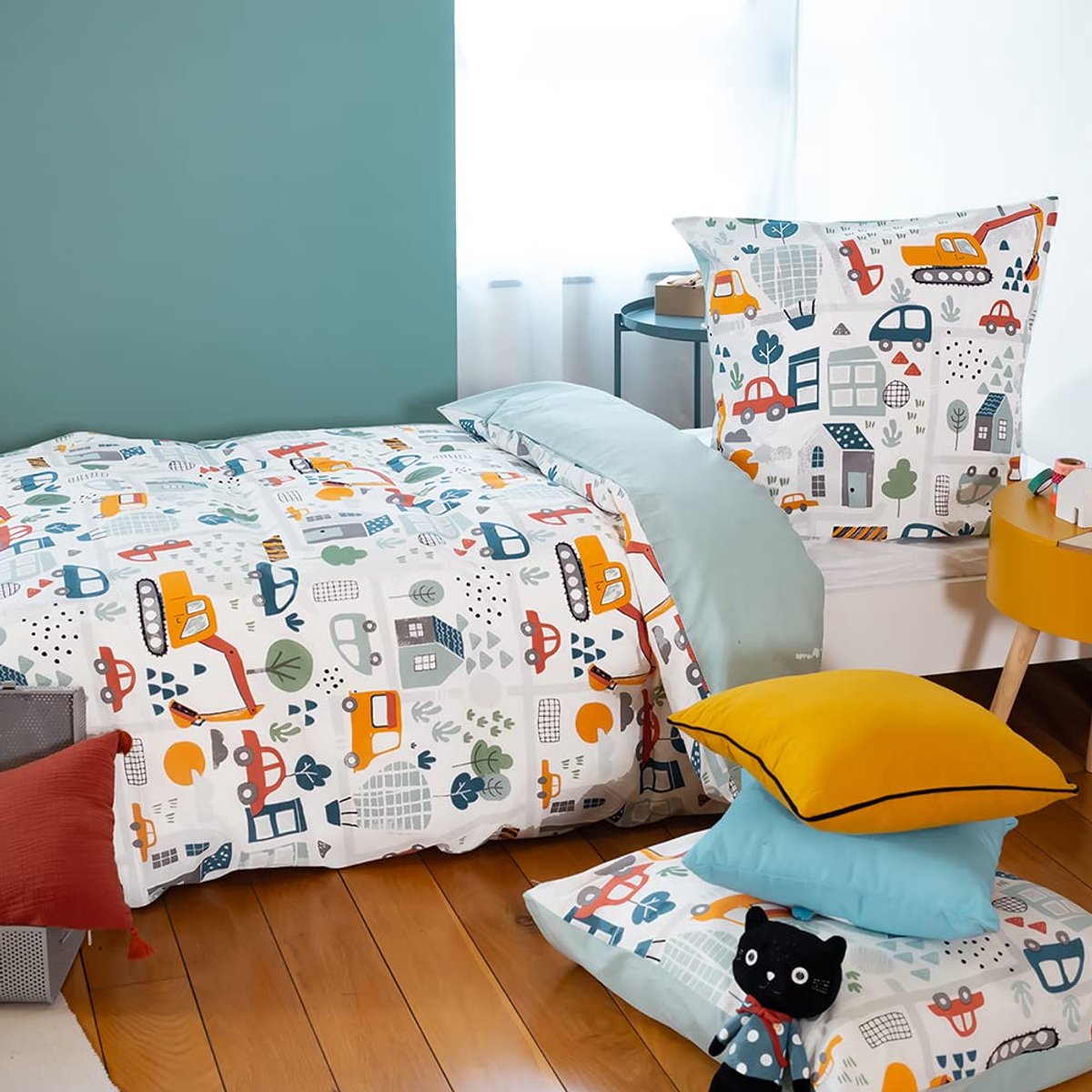 Beddengoed voor kinderen, omkeerbaar, blauw, dekbedovertrek 140 x 200 cm + 1 kussensloop 63 x 63 cm
