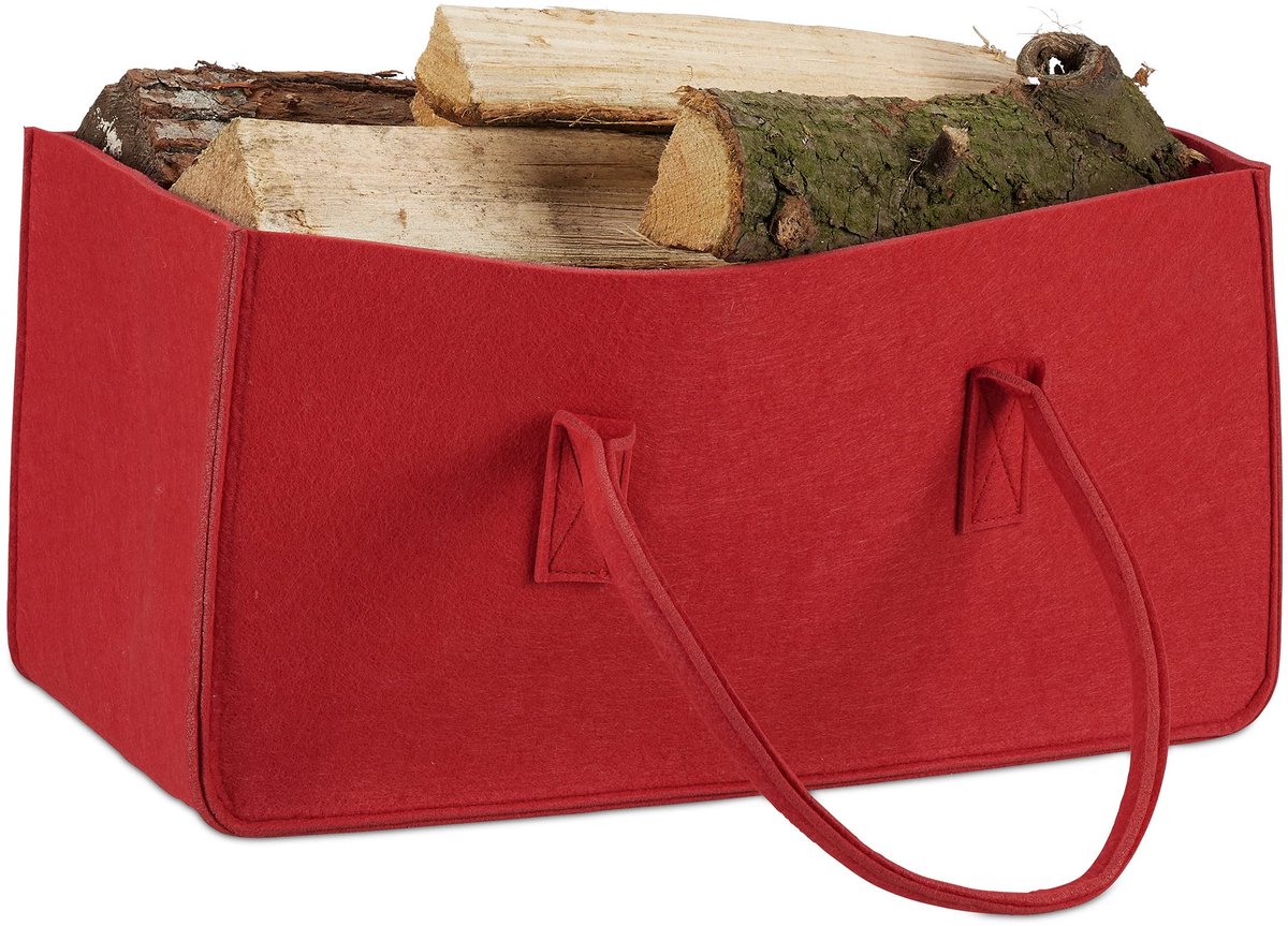 Mand vilt, opvouwbaar, HxBxD: 25 x 25 x 50 cm, haardhout tas, draagtas, vilttas, opbergmand, rood