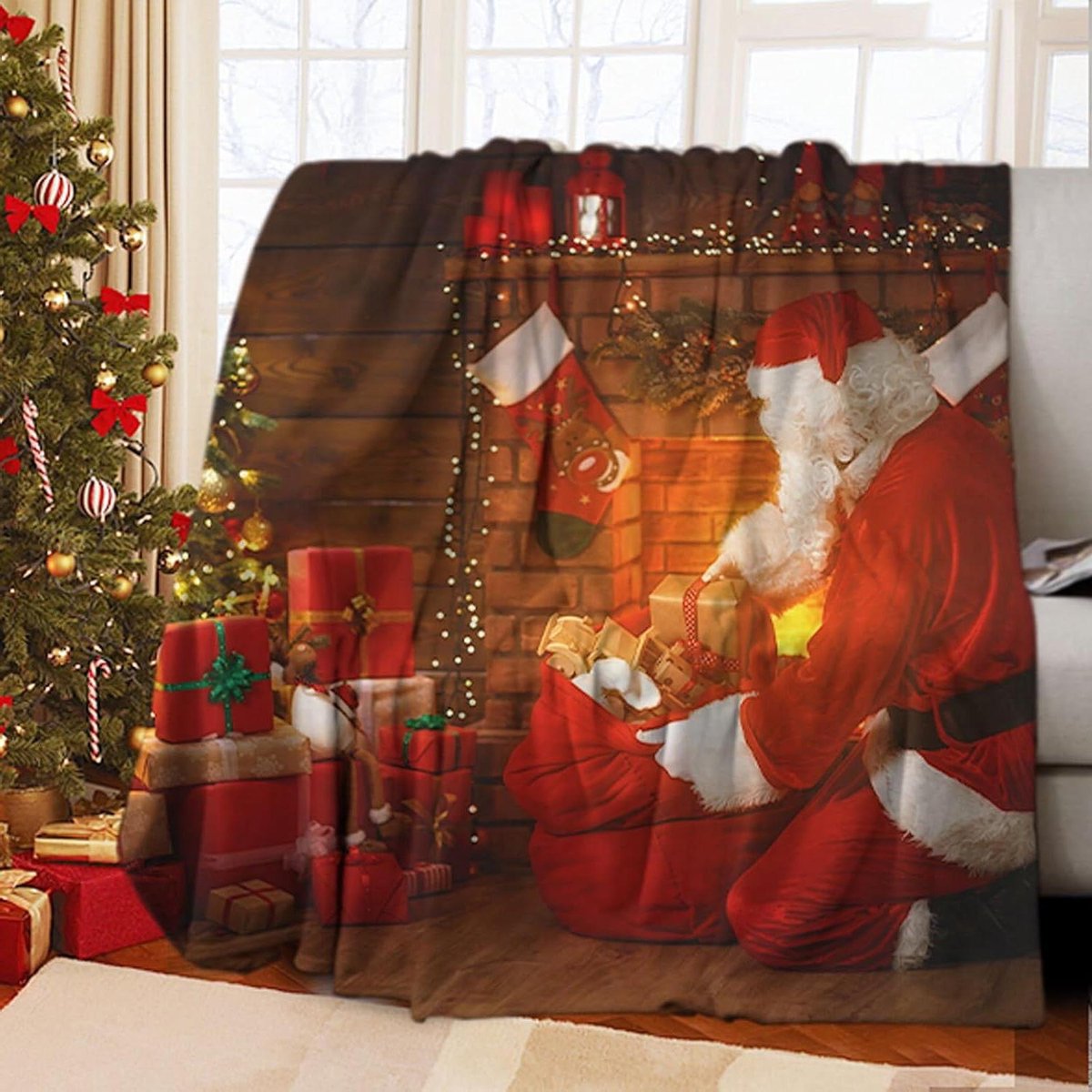 Kerstknuffeldeken - Flanellen plaid - Gezellig op de bank - Verdikte dubbelzijdige flanel - 150 x 200 cm - Kerstman