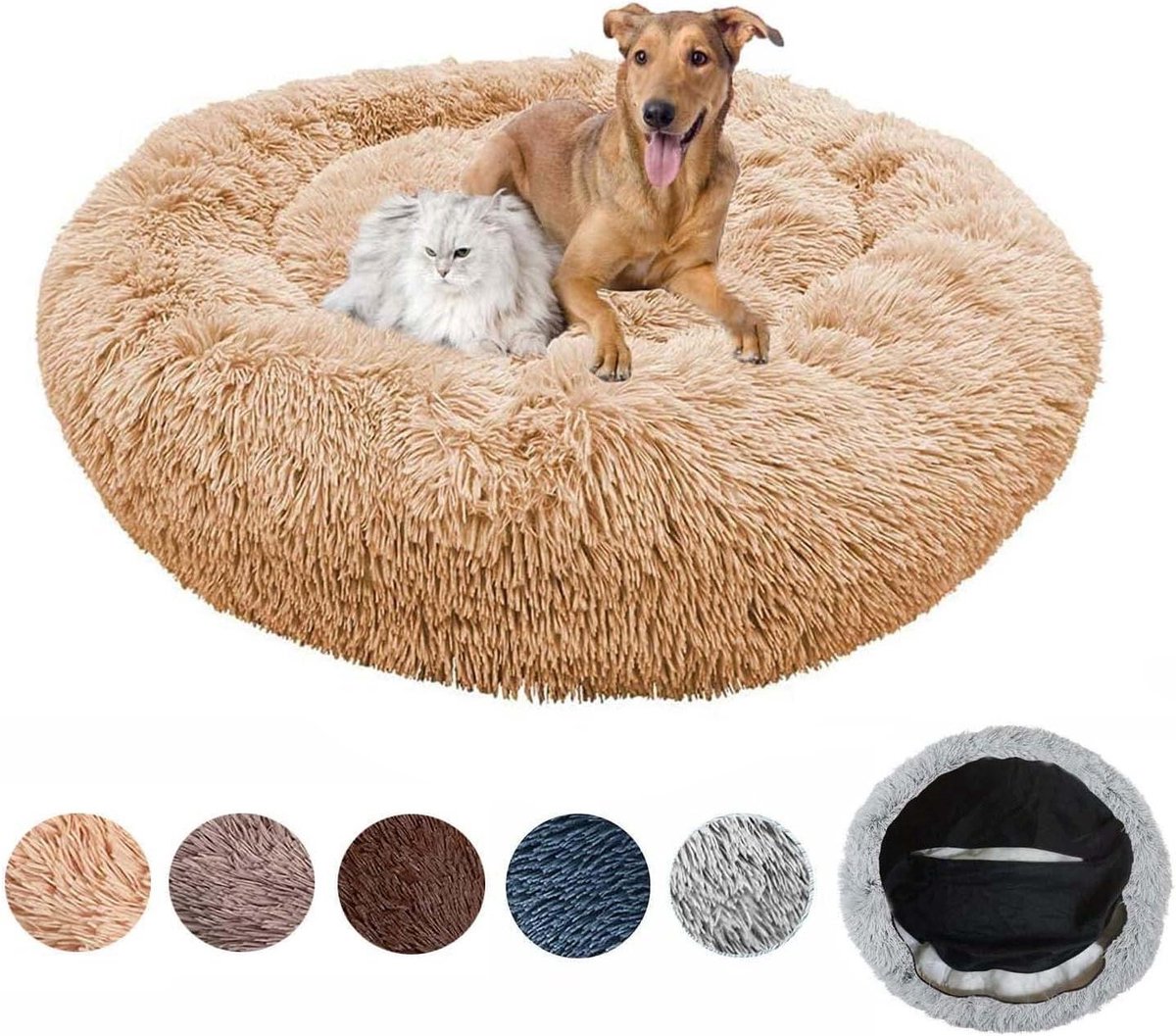 Hondenbed Rond - Huisdierkussen Pluche - Rustgevend Slapen - Verhoogde Rand - 60 cm - Beige