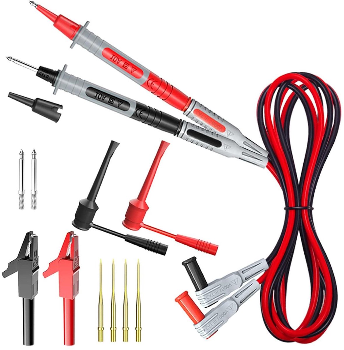 Multimeter Testleidingen Set - Meetkabels Krokodillenklemmen - Elektrisch Testen - Verwisselbare Precisie Sondes - 16 Stuks - Zwart