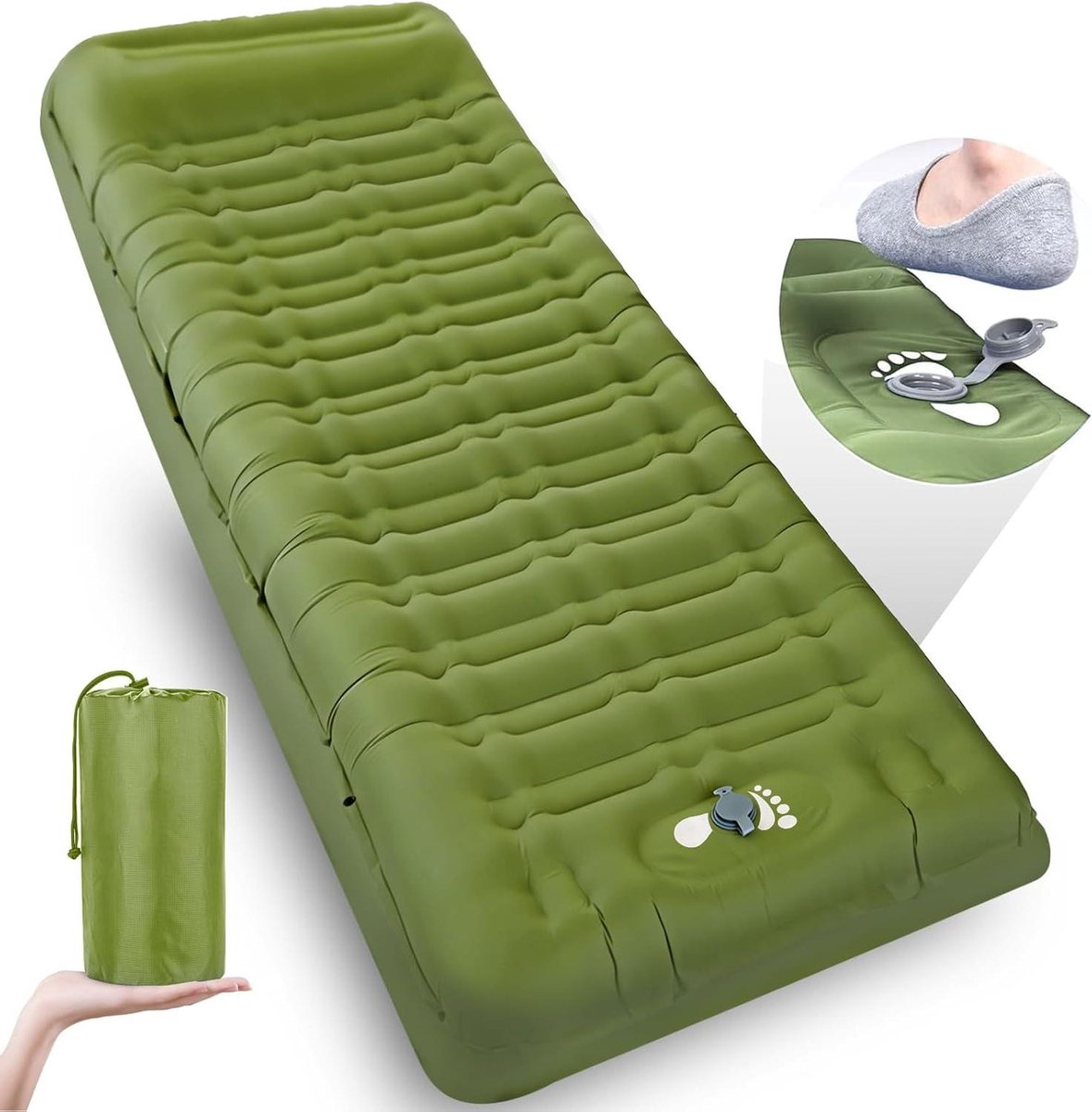 Kampeer matras - Luchtbed met pomp - Outdoor slapen - Ingebouwde voetpomp - 12 cm dik - Groen