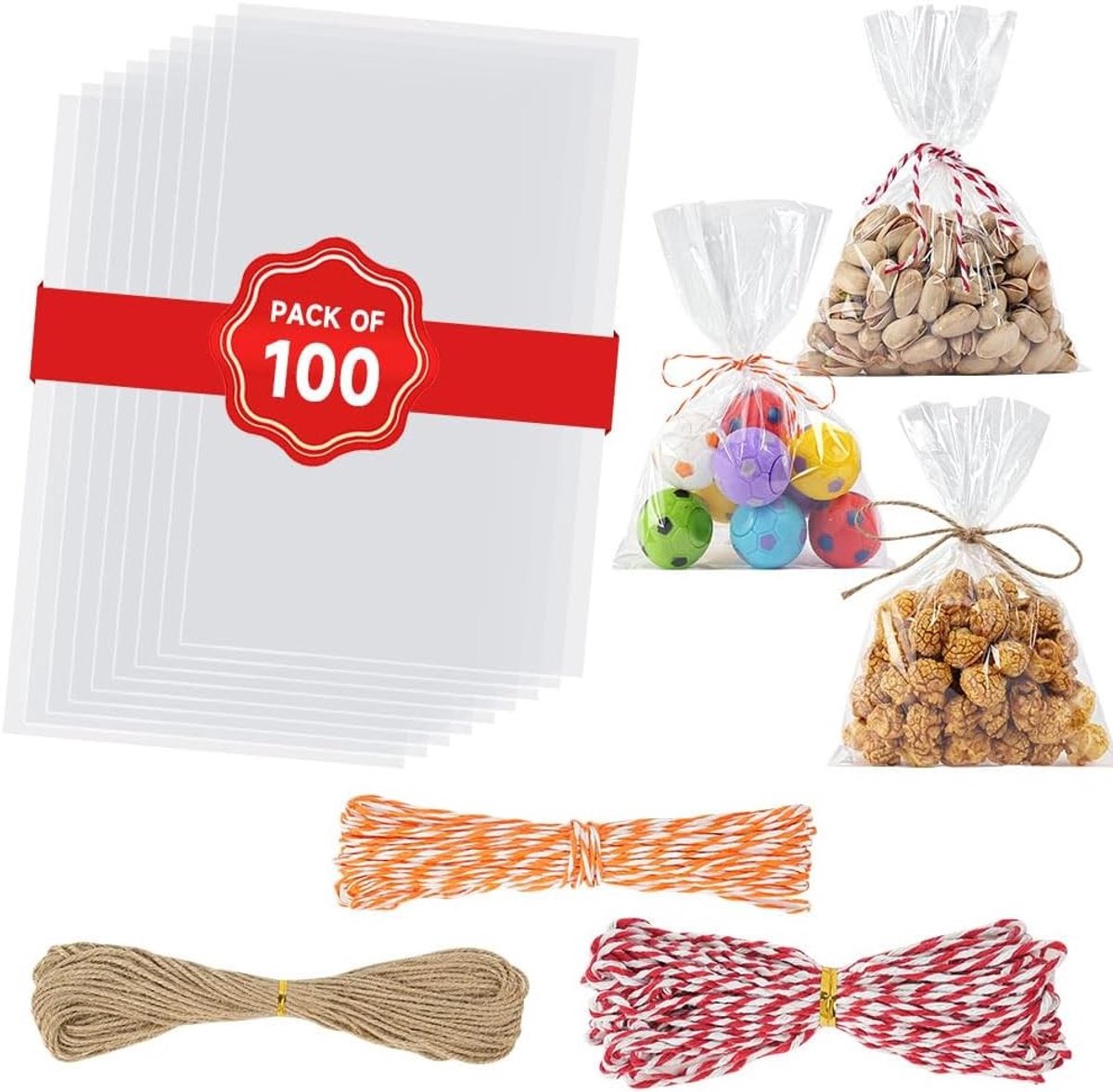 Set van 100 Transparante Snoepzakken 20 x 28 cm voor Verjaardagen, Ideaal voor Snoep, Chocolade en Koekjes met 40 m Touw