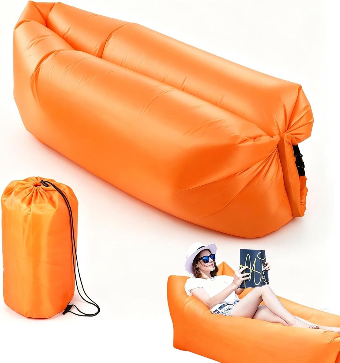 Opblaasbare bank voor buitengebruik, oranje luchtbank, draagbare airlounger, waterdichte ligstoel voor camping en strand, ideaal voor outdoor activiteiten