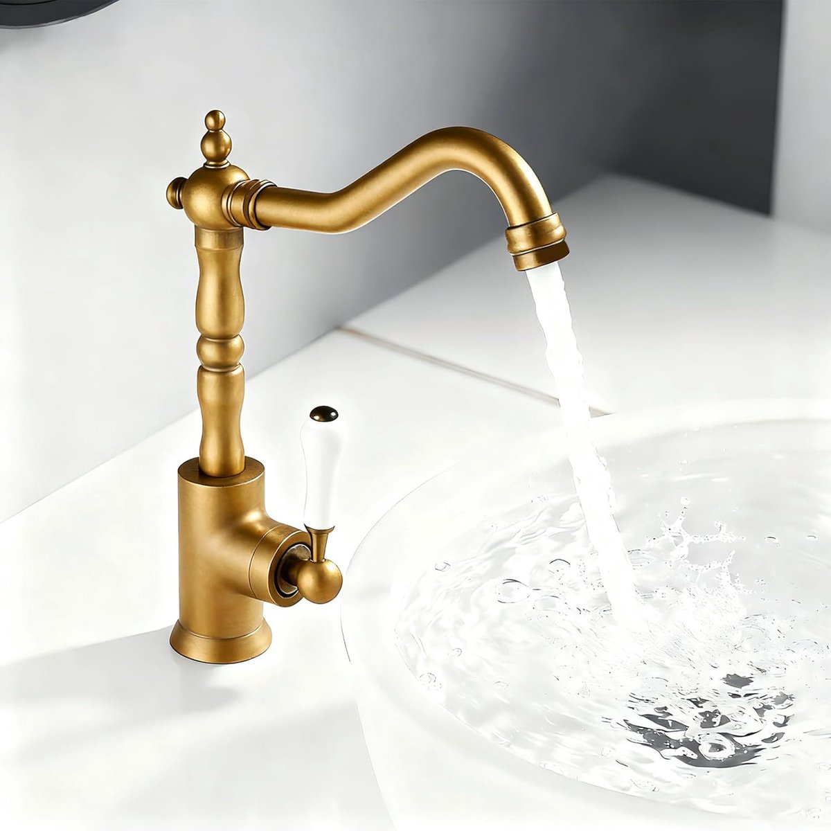 Kraan Keuken Antieke, Kraan Badkamer 360° Draaibaar, Wastafelkranen Badkamer Goud Retro, Badkamerkraan Eengreeps Mengkraan, Wastafelkraan Messing, G3/8