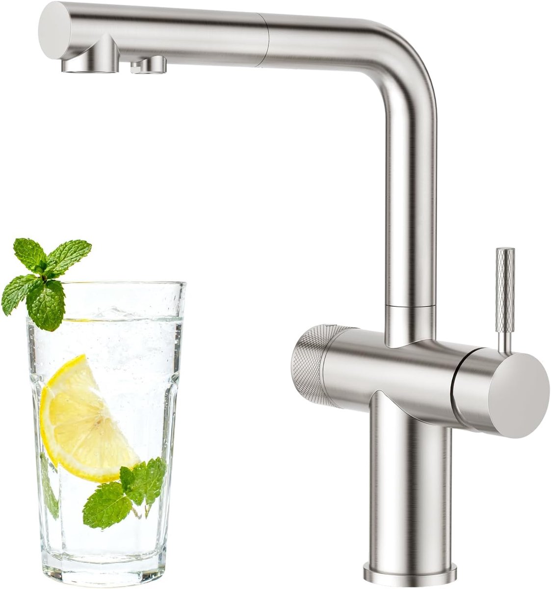 3-weg keukenkraan met uittrekbare sproeier, dubbele hendelkraan, waterkraan, spoelbakkraan, drinkwaterkraan voor keuken, voor osmose-installatie, omgekeerde osmose en waterfilter, geborsteld