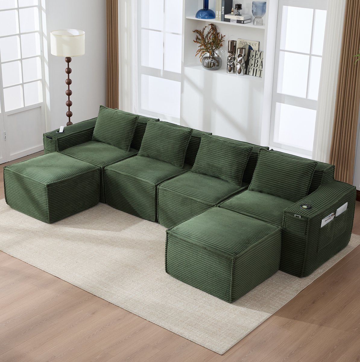 MIVRAY Bank 330 X 162 X 75 Cm - Modulaire 4 Zits Met 2 Hockers, Bekerhouders En Opbergvakken - Woonkamer En Appartement - Ribfluweel Groen