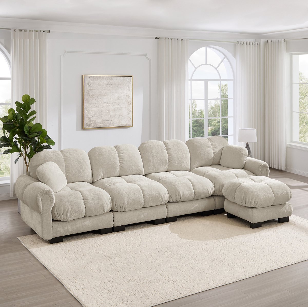 MIVRAY Hoekbank 330 x 149 x 90 cm - Modulaire 4-Zits Bank Met Mobiele Ottomaan En Ergonomische Rugleuning - Chenille Lichtkhaki