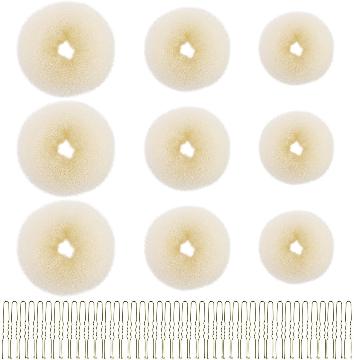 Haardonutmakerset met 9 stuks beige haarknot, 30 stuks gouden U-vormige haarspelden, haarspelden, knothulp opgestoken kapselaccessoires, voor kinderen, meisjes en vrouwen