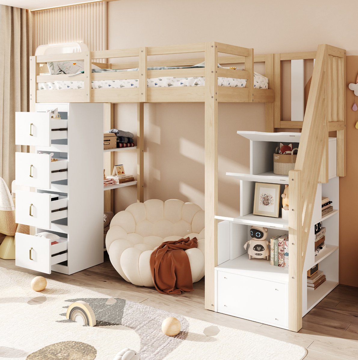 MIVRAY Hoogslaper 90x200 cm Zonder Matras - Eenpersoonsbed Met 4 Opberglades en 3 Planken - Veiligheidsladder en Uitvalbeveiliging - Massief Hout en MDF - Naturel Hout