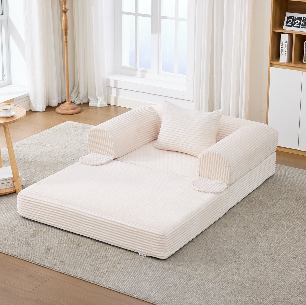 MIVRAY Fauteuil 120 x 85 x 65 cm - Uitklapbare 1-Zits Slaapfauteuil Met Kussen - Voor Woonkamer En Slaapkamer - Stof Beige