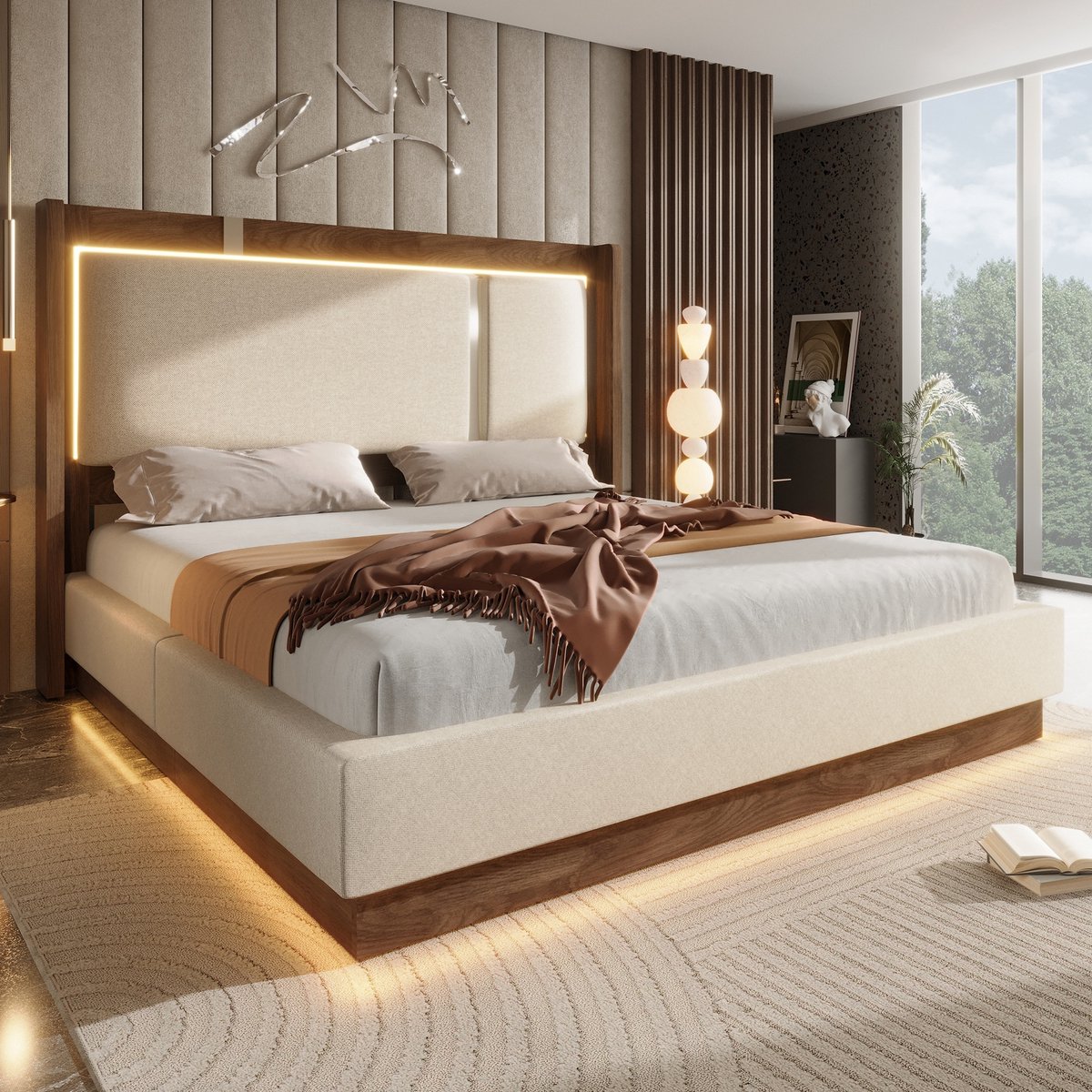 Sweiko Tweepersoonsbed - 140 x 200 cm - Gestoffeerd hoofdeinde - LED-verlichting - Opbergruimte - Linnenstof - Beige + Walnootkleur