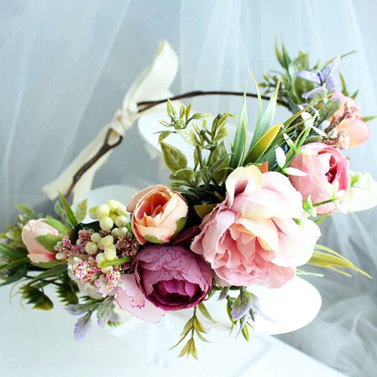 Bloemenkrans hoofdband kroon met rozenbloemen, haarkrans, bruiloft boho bloemenkroon met lint voor vrouwen meisjes (1 pak)