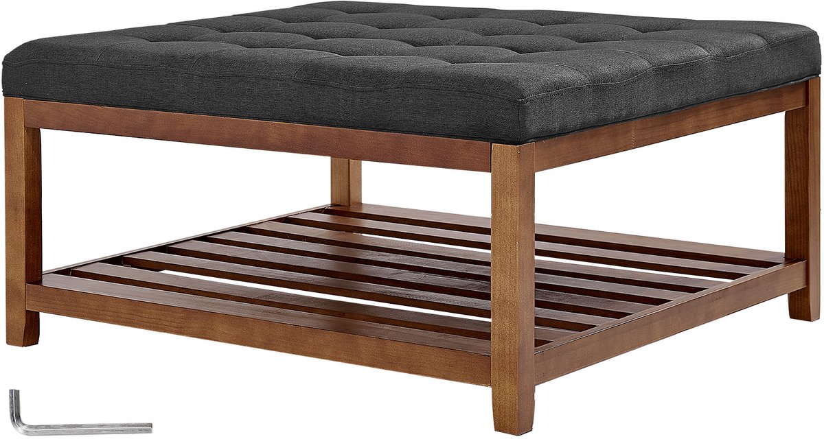 Vierkante Salontafel (875 X 875 X 445 mm) met Stevige Houten Plank, Gestoffeerde Poef met Linnen Bekleding en Voetensteun, Geschikt voor Slaap- of Woonkamer, Draagvermogen 181,44 kg, Donkergrijs