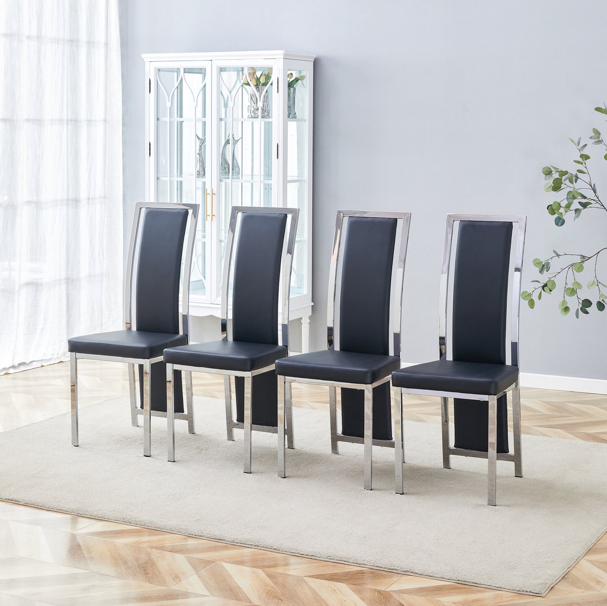 DESMIU Eetkamerstoel Set Van 4 - Hoge Rugleuning En Zilverkleurig Metaalframe - Voor Eetkamer En Kantoor - Kunstleer - Zwart