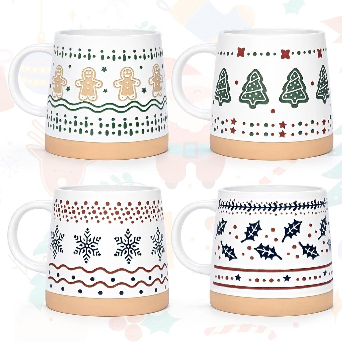 Kerst Mokken Set - Thema Bekers - Gezellige Drankjes - Uniek Embossed Design - 400ml 4 Stuks - Wit Rood Groen