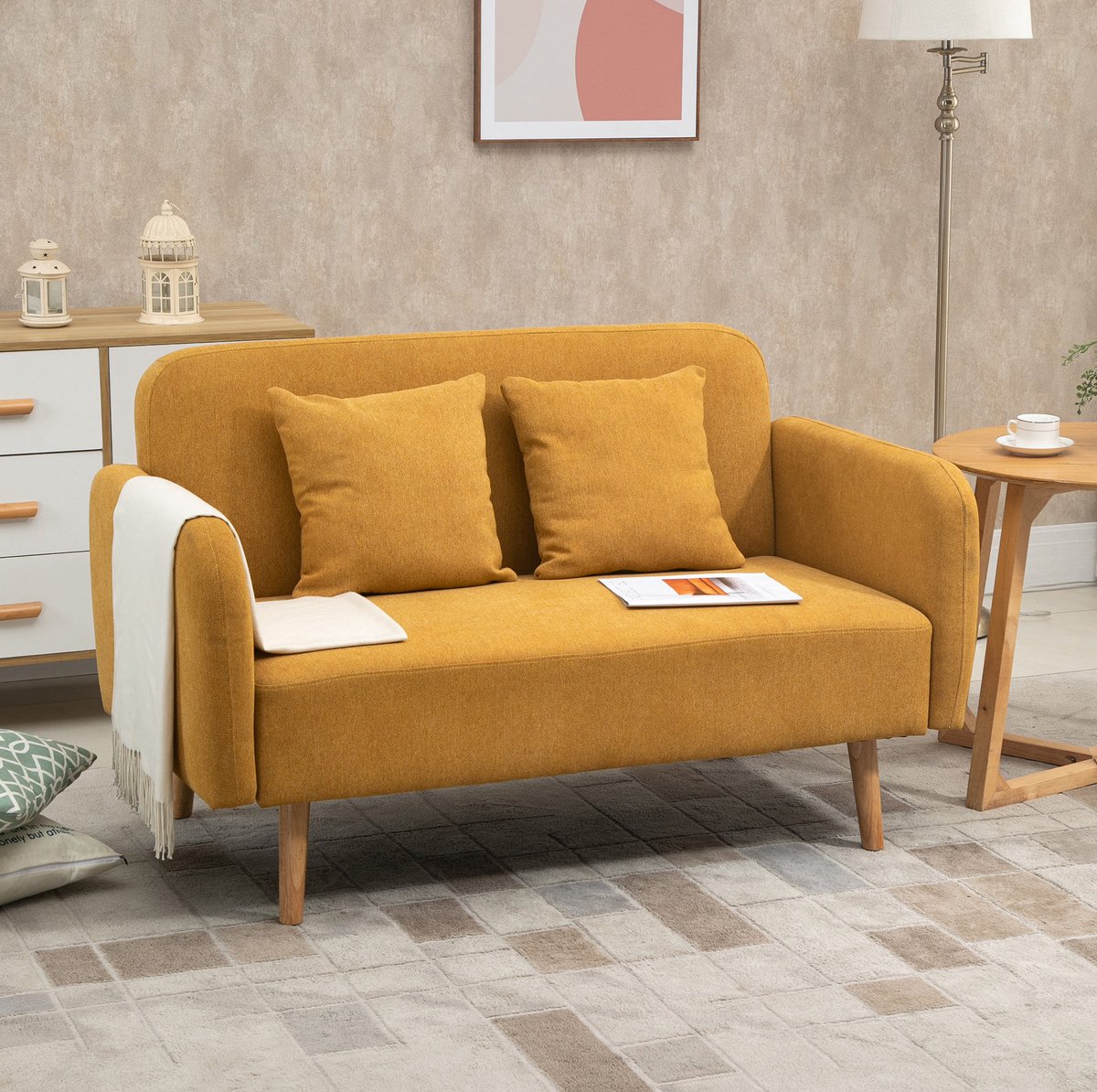 HAUSS SPOLE Zitbank - Tweezits Bank - Compact Design Met 2 Kussens En Verstelbare Voetsteunen - Voor Kleine Ruimtes - Polyester Naturel Geel