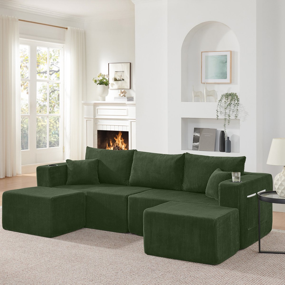 FloraGrace Hoekbank 230 x 138 x 75 cm - 3-Zits Modulaire L-Vorm Met Verplaatsbare Ottomanen, Bekerhouders En Zijvakken - Woonkamer Of Hotel - Cordstof - Groen