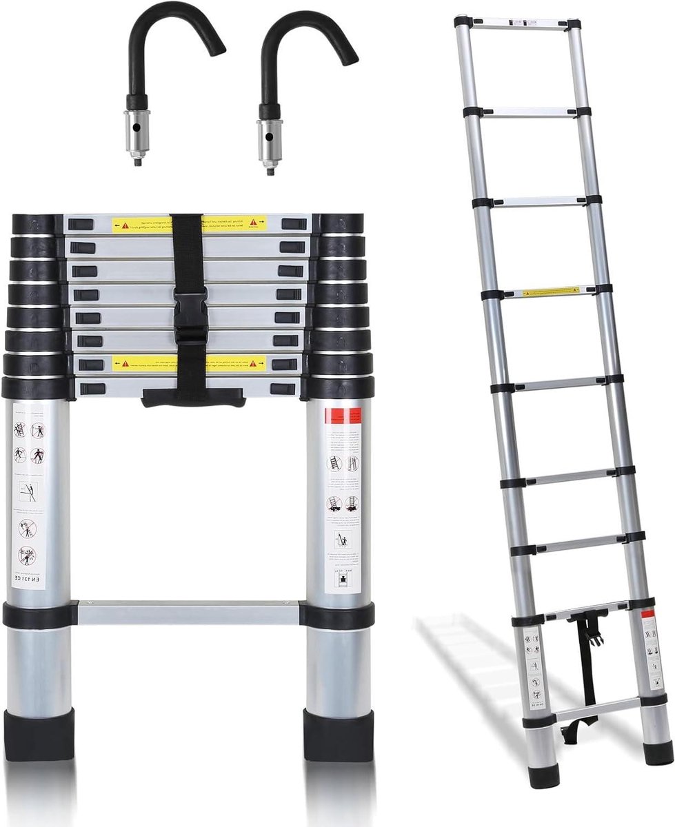 Telescopische ladder - Uittrekbare ladder - Klus Klussen - Afneembare haken - 26 meter - Zilverkleurig