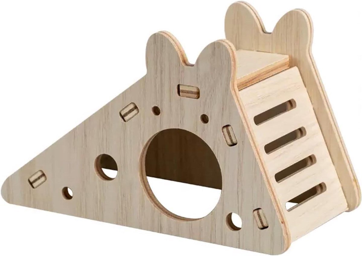 Houten Hamsterhuis - Dierenverblijf Knaagdier - Nestelen en Spelen - Negen Ontwerpen - 14x8x7 cm - Natuurlijk Hout