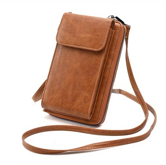 Bruine crossbody telefoontas van kunstleer met verstelbare schouderband.