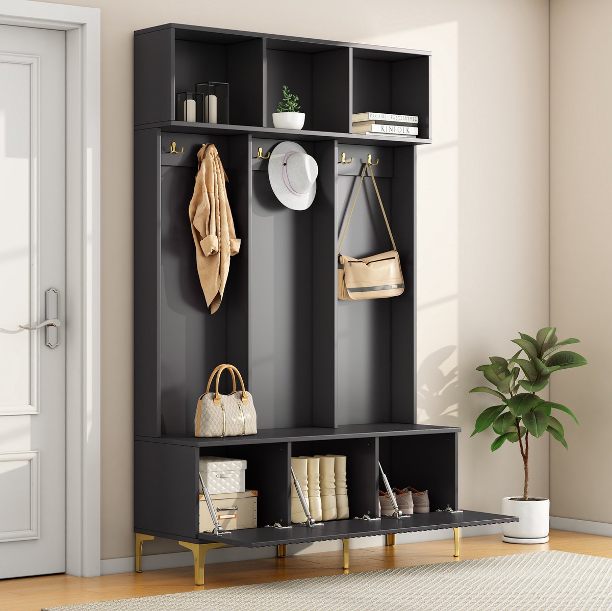 HAUSS SPOLE Kledingrek - Garderobekast Met Bank En Open Opbergruimte - 6 Haken Voor Hal En Woonkamer - Spaanplaat En Metaal - Zwart - 120x40x191,5 Cm