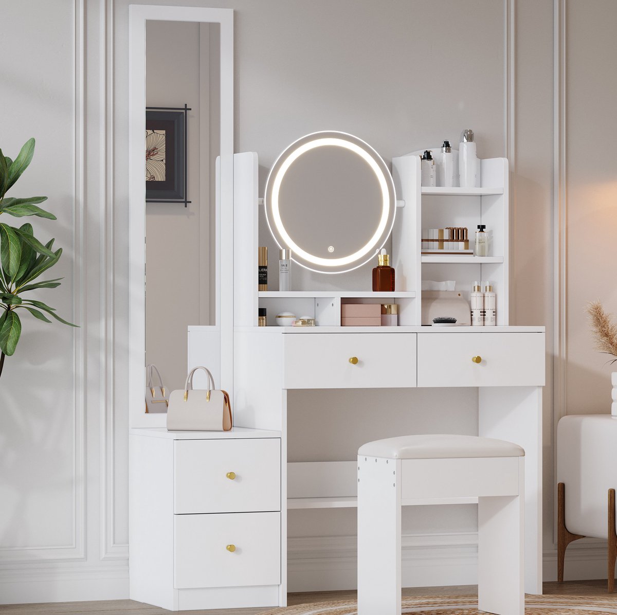 HAUSS SPOLE Kaptafel - 4-In-1 Met Led-Spiegel En Passpiegel - Met 4 Lades En Kruk Voor Slaapkamer - Spaanplaat - 109x36x164 Cm - Wit