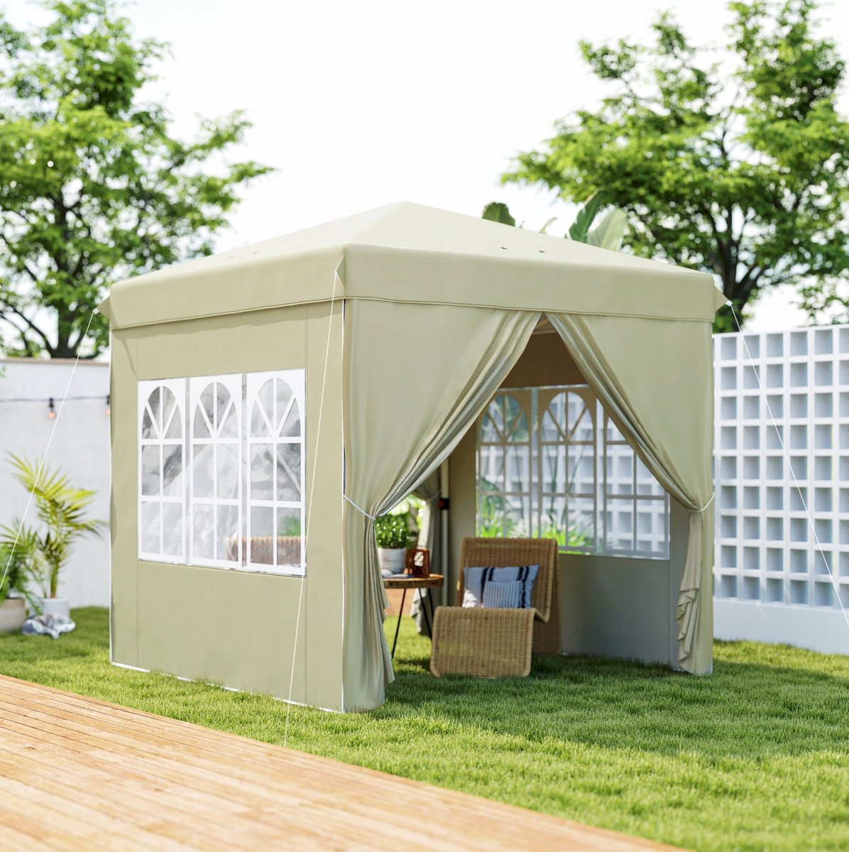 MEUNIQ pop-up paviljoen partytent 248 x 248 x 270 cm met 4 zijpanelen, ramen, 3-voudig verstelbare hoogte, draagtas en haringen voor tuin of terras, crème