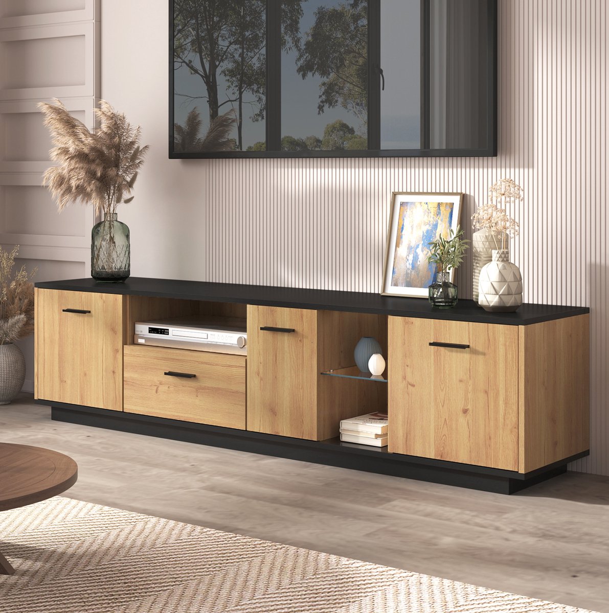 HAUSS SPOLE TV-Meubel - Dressoir Met 3 Deuren, 1 Lade En LED Verlichting - Voor Woonkamer - MDF - 180 X 37 X 45 Cm - Zwart En Houtkleur