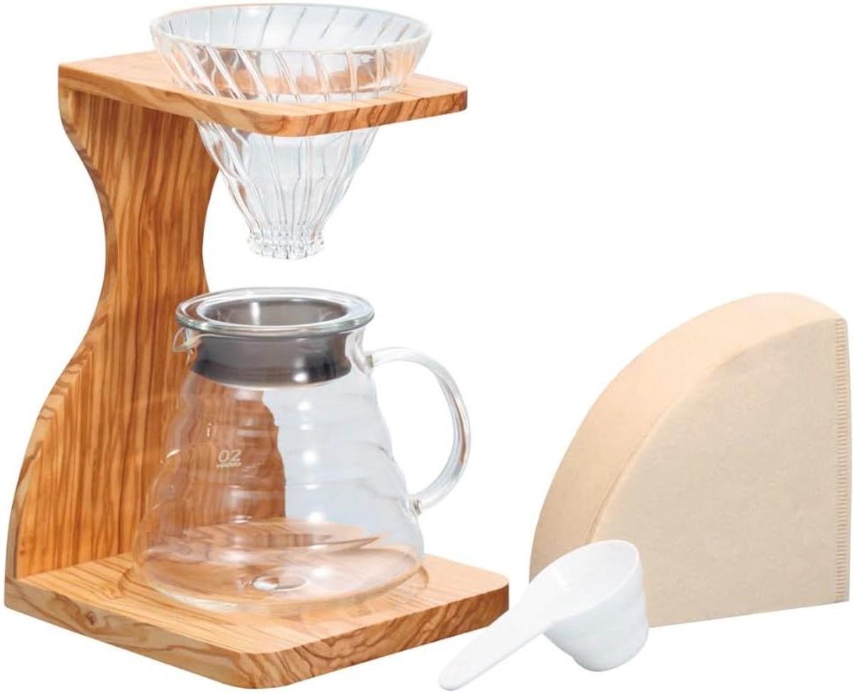 Koffie Dripper Set - Koffiezetapparaat Koffiebereider - Koffie Zetten - Olijfhouten Standaard - 20 x 15 x 30 cm - Bruin
