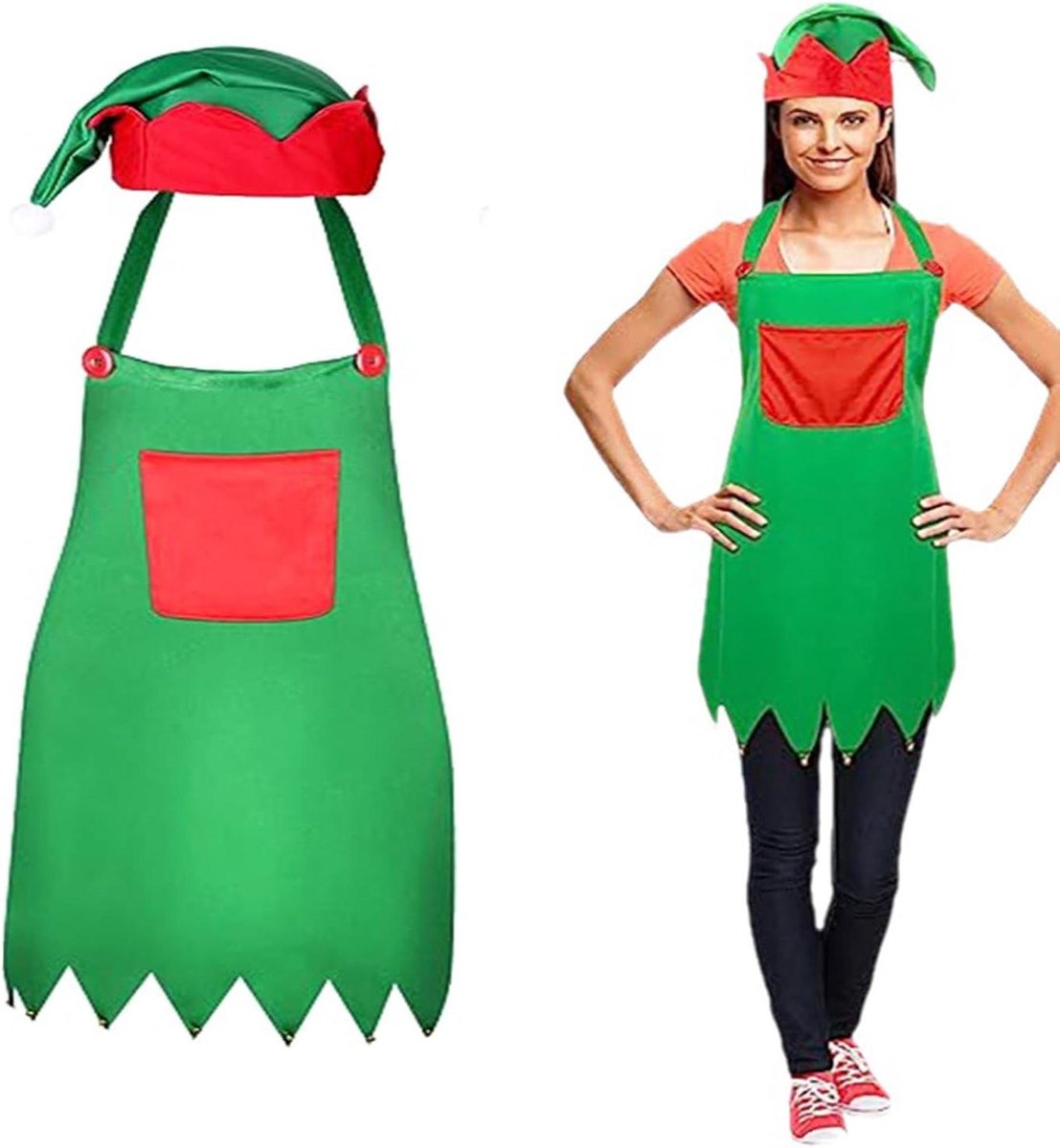 Kerstschort - Keukenschort Bakschort - Koken en Bakken - Met Chef's Hoed - Eén Maat - Groen Rood