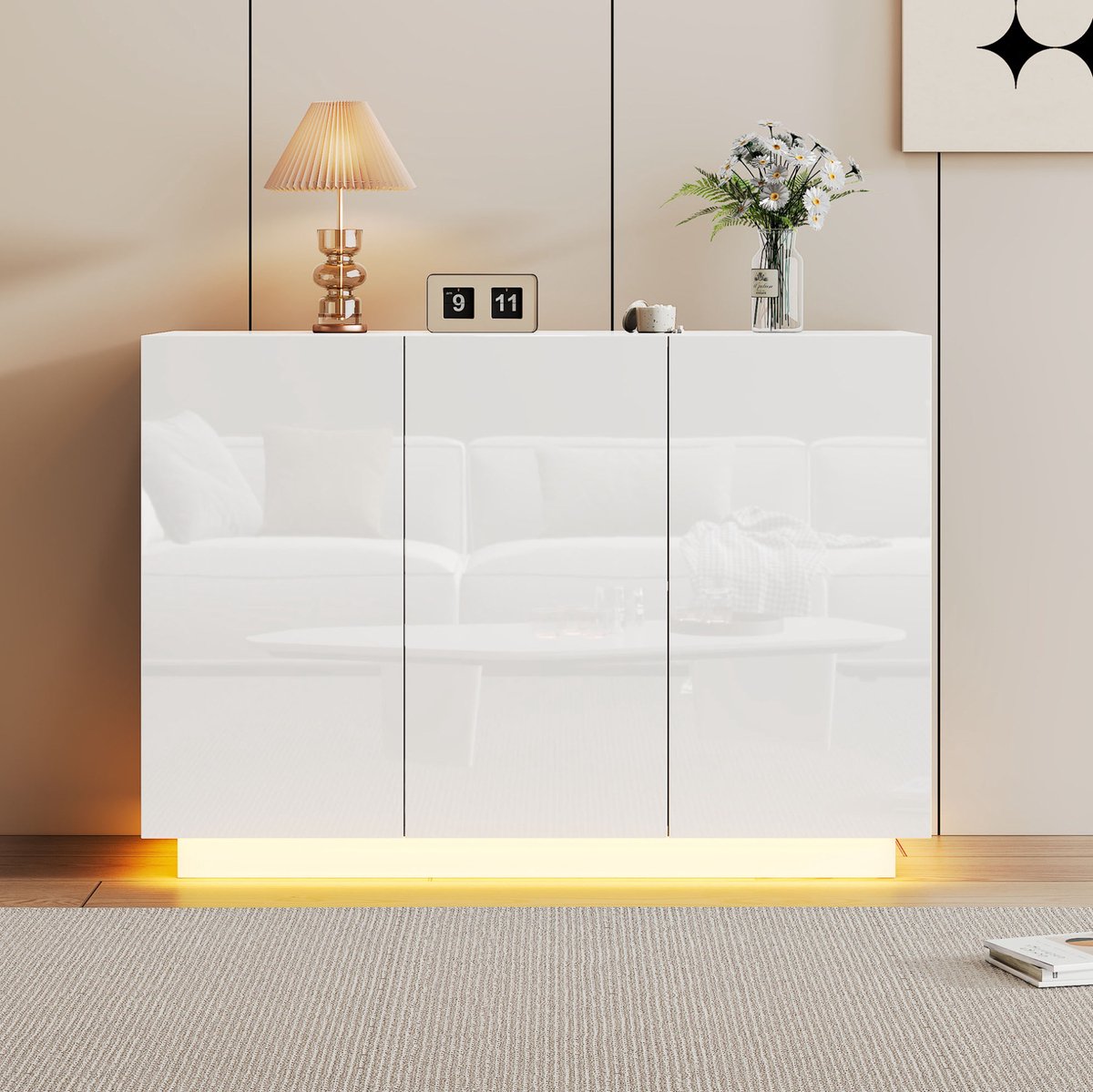 HAUSS SPOLE Dressoir - Hoogglans Opbergkast Met Ledverlichting En 3 Deuren - Voor Woonkamer Eetkamer En Hal - Spaanplaat - 120x40x75 Cm - Wit