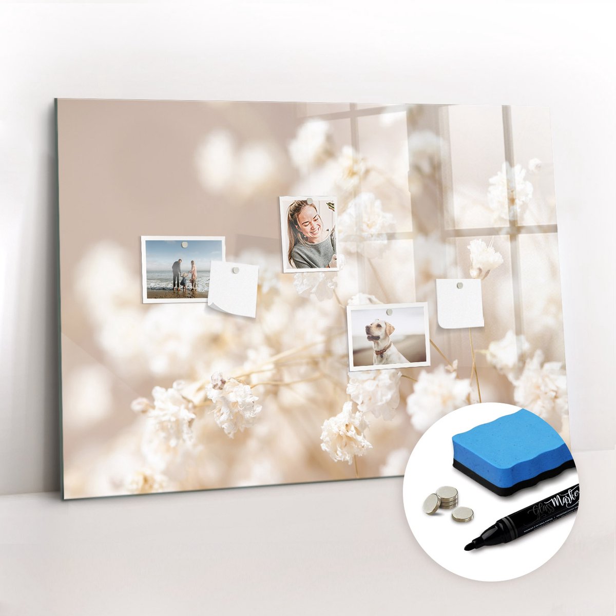 Tulup Whitebord - Kleine witte bloemen - 100 x 70 cm - Wit Memobord Keuken - Gratis 5 Sterke Magneten + Whiteboard Marker & Wisser - Moderne Wanddecoratie - Memo Magneetbord - Notitiebord Werkplek