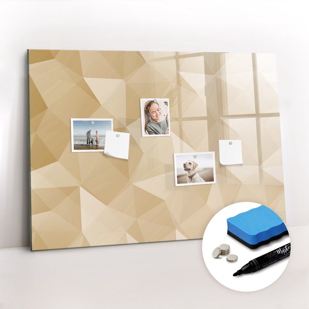 Tulup Whitebord - Abstracte pastelkleurige driehoeken - 100 x 70 cm - Geel Memobord Keuken - Gratis 5 Sterke Magneten + Whiteboard Marker & Wisser - Decoratief Magnetisch Bord - Memo Magneetbord - Ideeënbord Thuiswerkplek