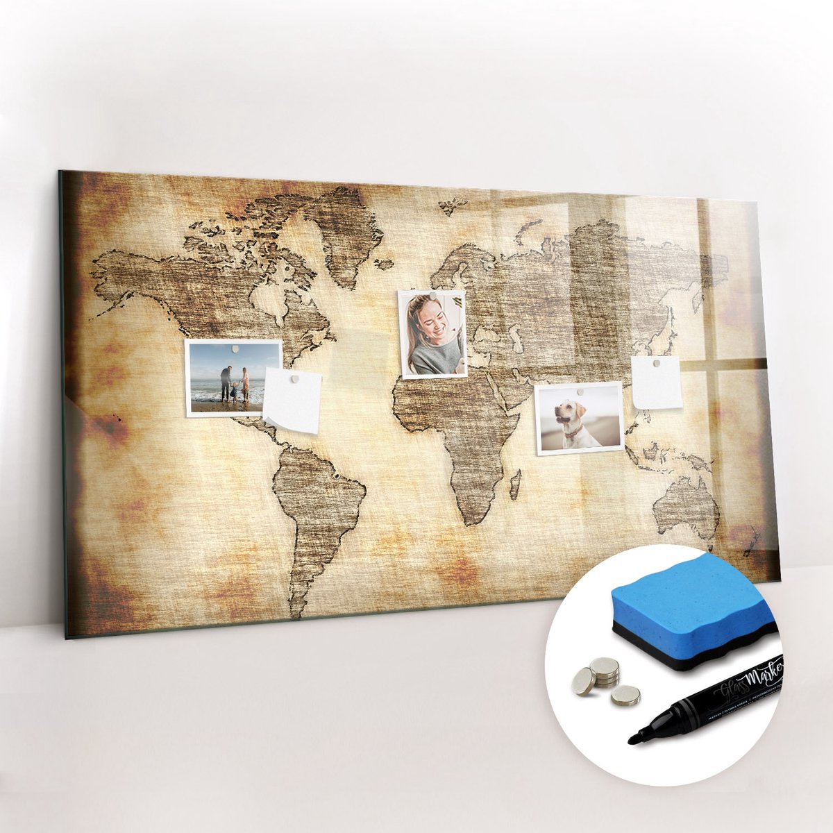 Tulup Whitebord - Archiefkaart van de wereld - 120 x 60 cm - Bruin Magnetische borden voor reismagneten - Gratis 5 Sterke Magneten + Whiteboard Marker & Wisser - Minimalistisch Prikbord - Magnetic Board - Notitiebord Werkplek