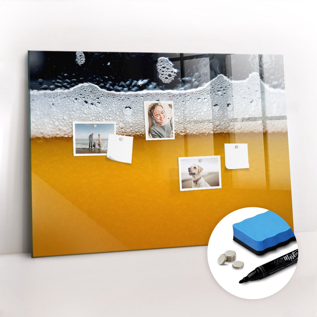 Tulup Whitebord - Close-up van bier - 100 x 70 cm - Geel Magneetbord Design - Gratis 5 Sterke Magneten + Whiteboard Marker & Wisser - Decoratief Magnetisch Bord - Magnetisch Bord Kind - Ideeënbord Thuiswerkplek