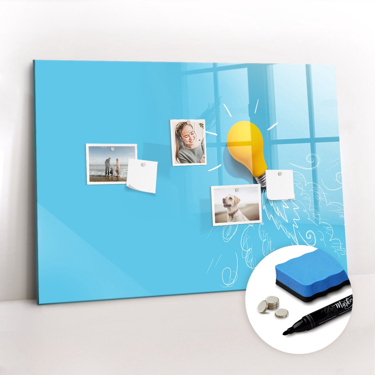 Tulup Whitebord - Tekening van een gloeilamp - 100 x 70 cm - Blauw Magneetbord Keuken - Gratis 5 Sterke Magneten + Whiteboard Marker & Wisser - Design Memobord - Magneetbord Design - Inspiratiebord Kantoor