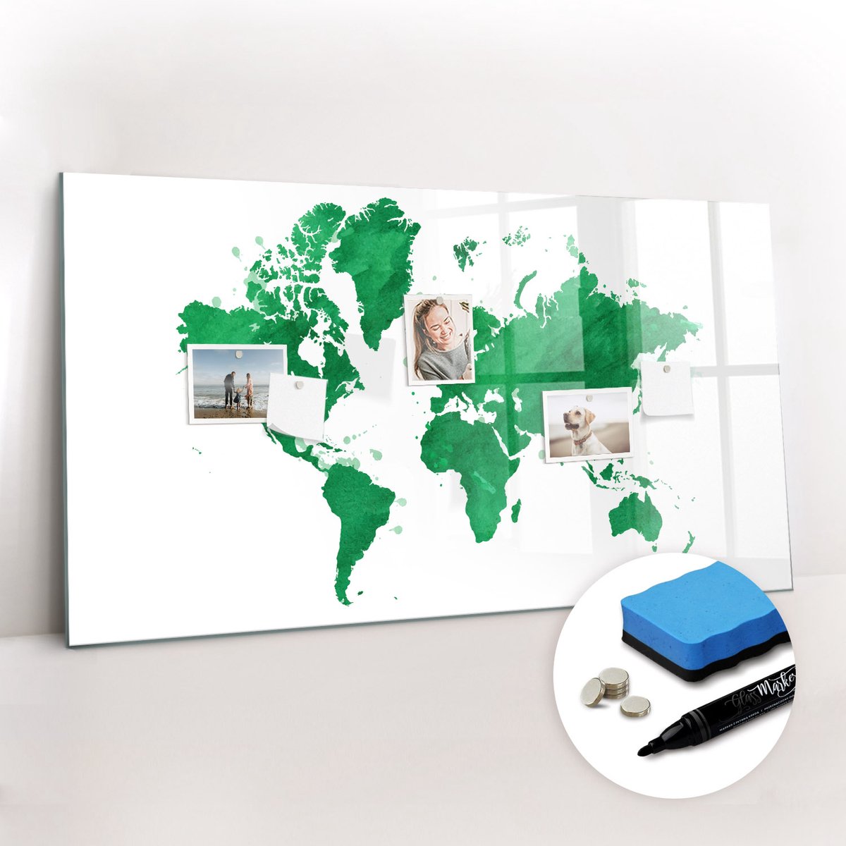 Tulup Whitebord - Groene wereldkaart - 120 x 60 cm - Groente Magnetisch Bord Kind - Gratis 5 Sterke Magneten + Whiteboard Marker & Wisser - Decoratief Magnetisch Bord - Magneetbord Foto - Inspiratiebord Kantoor