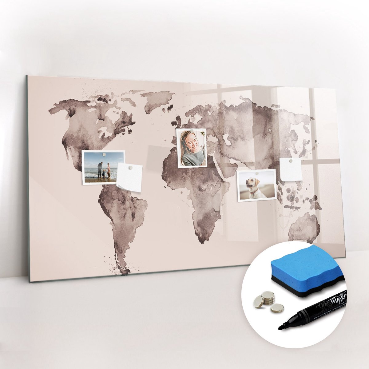 Tulup Whitebord - Inktkaart van de wereld - 120 x 60 cm - Grijs Magnetisch Wandbord - Gratis 5 Sterke Magneten + Whiteboard Marker & Wisser - Decoratief Magnetisch Bord - Magnetisch Memobord - Inspiratiebord Kantoor