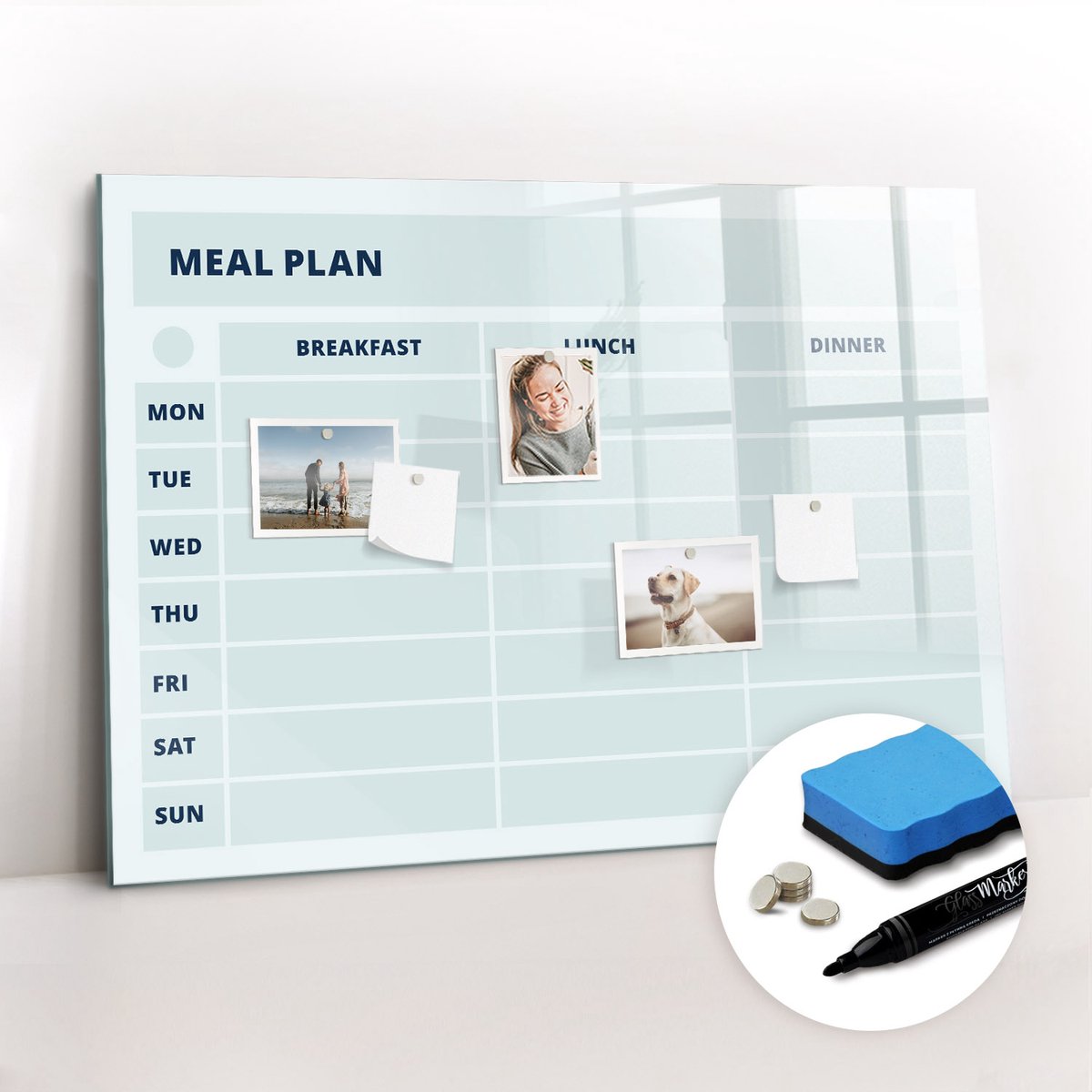 Tulup Whitebord - Pastel menu - 100 x 70 cm - Blauw Magnet Board - Gratis 5 Sterke Magneten + Whiteboard Marker & Wisser - Decoratief Magnetisch Bord - Magneetbord Foto - Inspiratiebord Kantoor