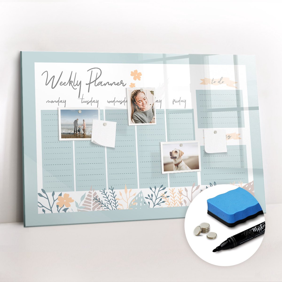 Tulup Whitebord - Weekschema - 90 x 60 cm - Blauw Magneetbord Muur - Gratis 5 Sterke Magneten + Whiteboard Marker & Wisser - Scandinavisch Design Bord - Magneetbord Foto - Organiseer Je Bureau