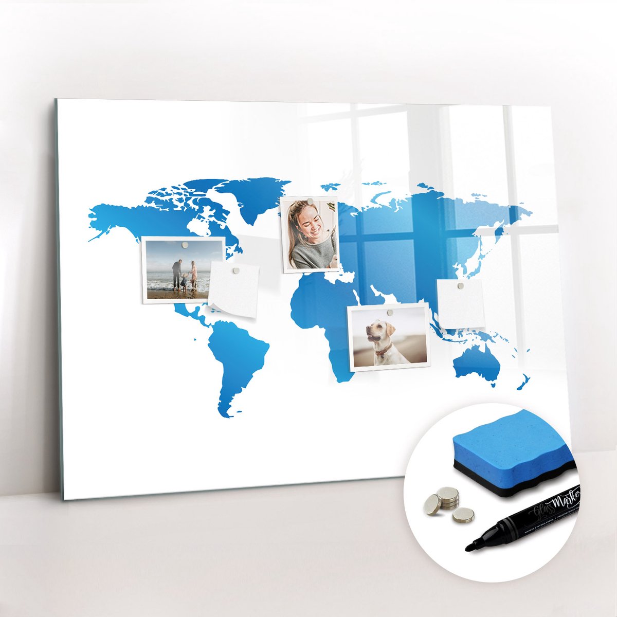 Tulup Whitebord - Contouren van de landmassa's van de wereld - 100 x 70 cm - Blauw Magnetisch Wandbord - Inclusief Gratis Magneten & Marker & Spons - Design Memobord - Magneetbord Muur - Ideeënbord Thuiswerkplek