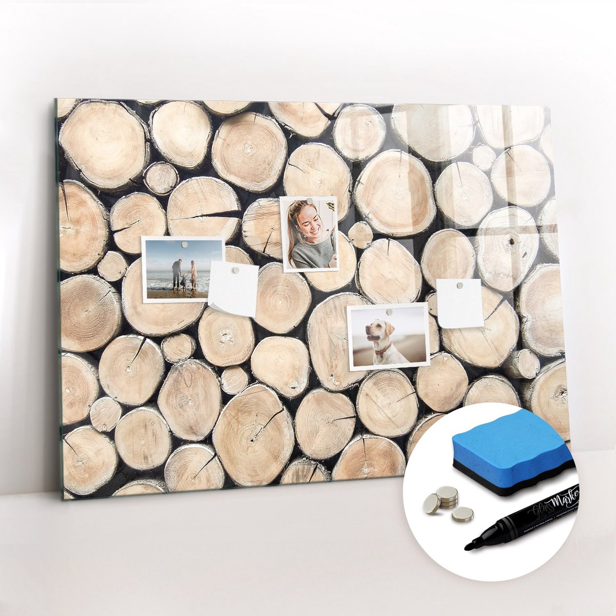Tulup Whitebord - Boomstronken afzagen - 100 x 70 cm - Bruin Memobord Glas - Gratis 5 Sterke Magneten + Whiteboard Marker & Wisser - Scandinavisch Design Bord - Magneetbord Foto - Organiseer Je Bureau