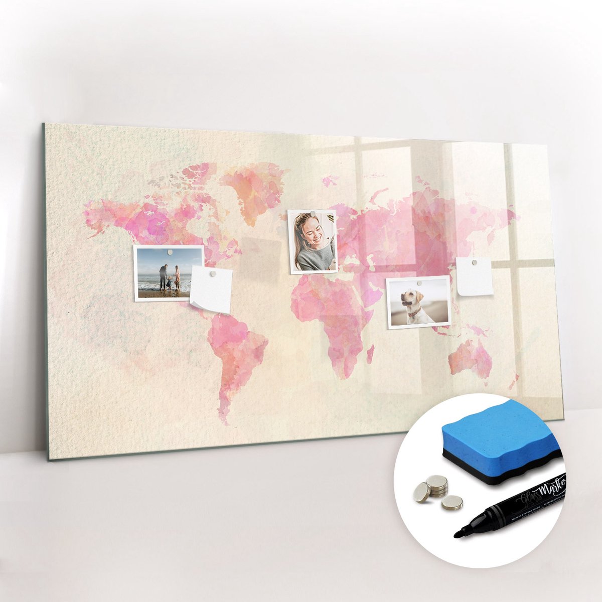Tulup Whitebord - Wazige wereldkaart - 120 x 60 cm - Roze Memo Magneetbord - Gratis 5 Sterke Magneten + Whiteboard Marker & Wisser - Scandinavisch Design Bord - Memobord Glas - Notitiebord Werkplek