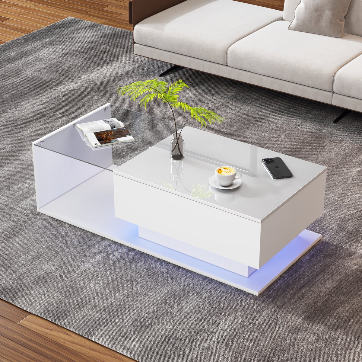 HAUSS SPOLE Salontafel - Hoogglans Met Glasplaat En Ledverlichting - Met Lade Voor Woonkamer - Spaanplaat En Glas - 100x50x32 Cm - Wit