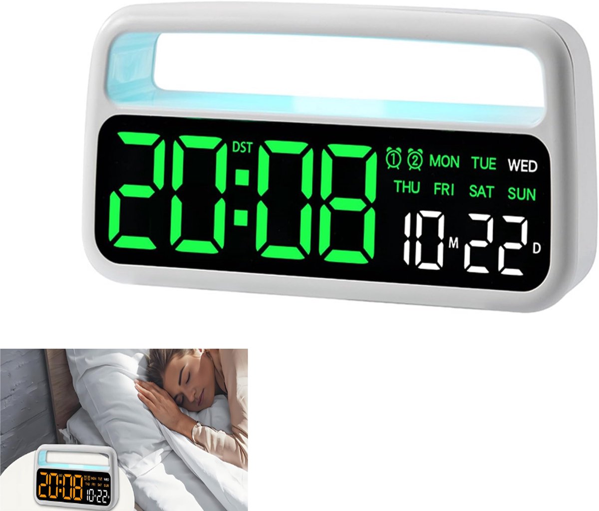 KZQ Multifunctionele digitale wekker met dubbele alarm en sfeerverlichting - Datum week en 3 helderheidsniveaus - Voor woonkamer en slaapkamer - Wit met groene verlichting