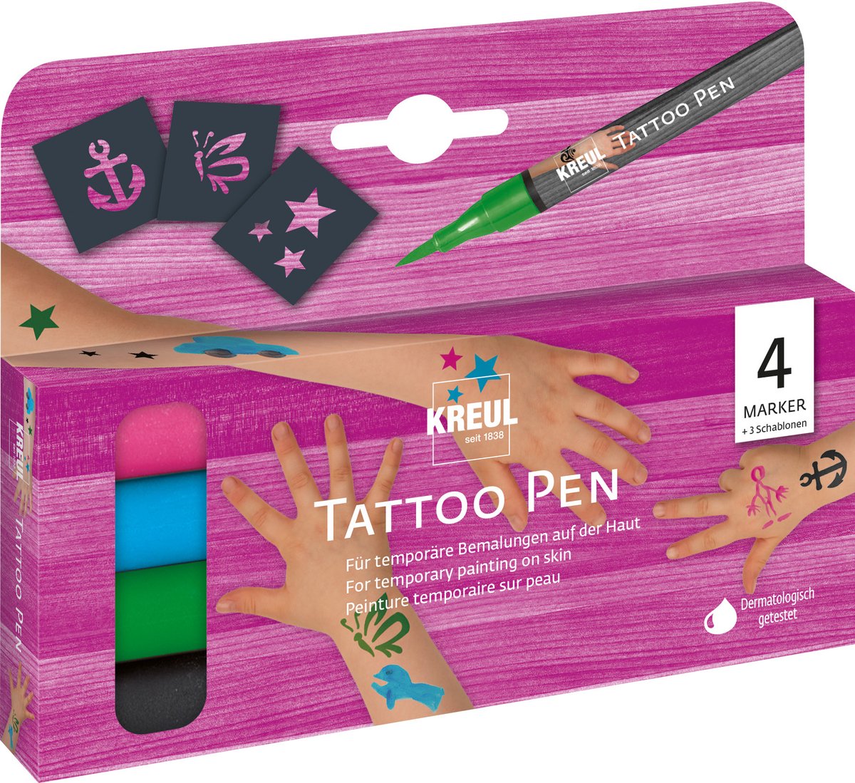 Kreul Tattoo Pen Set met 2 Sjablonen - Set met 4 gekleurde tattoo pennen en sjablonen, dermatologisch getest, veilig voor de huid