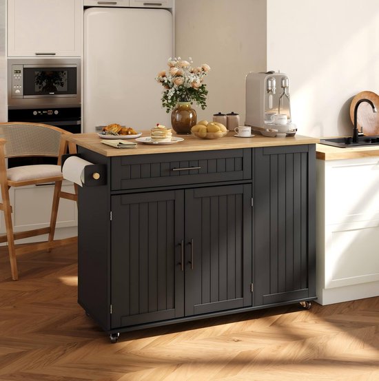 Keuken Eiland - Opvouwbaar Werkblad En Verrijdbare Opbergkast - Extra Werk En Opbergruimte Voor Keuken - MDF - Zwart - 130x70x93 Cm — afbeelding 5